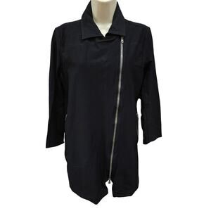 Eileen Fisher Washable Crepe Long Moto Jacket S Black Asymmetric Zip minimalist